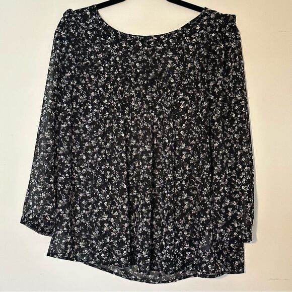 GAP Women’s L Semi Sheer Chiffon Ruffle Long Sleeve Floral Blouse Top 3/4 Sleeve - Picture 9 of 10
